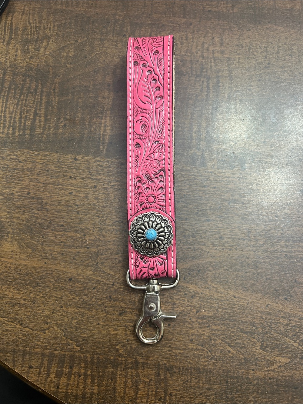 Pink Tooled Leather Key Fob Wristlet with Turquoise Concho, new without tags